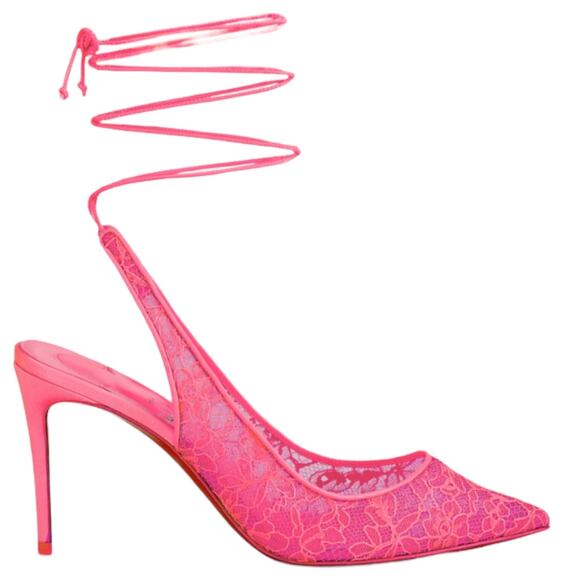 CHRISTIAN LOUBOUTIN Kate 85 Lace Lace Up Pumps EU 39 US 9 Neon Pink High Heels - Picture 1 of 14